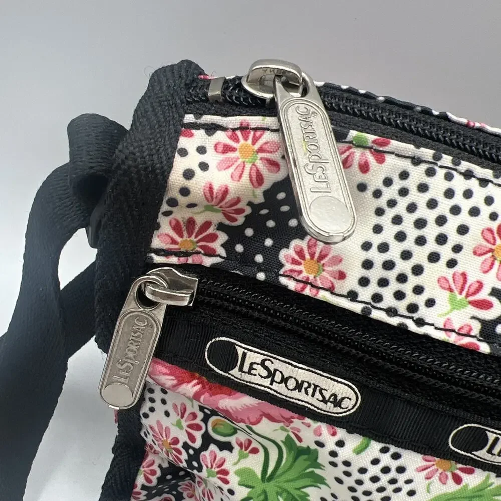 LeSportsac Pink Black Flowers Polka Dot Crossbody Purse 8.5